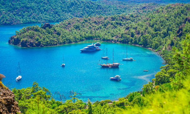 Mugla/Turkey - August 17 2018: Boats in inbuku cove
