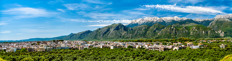 Panorama of Sparta with Mount Taygetus in Greece