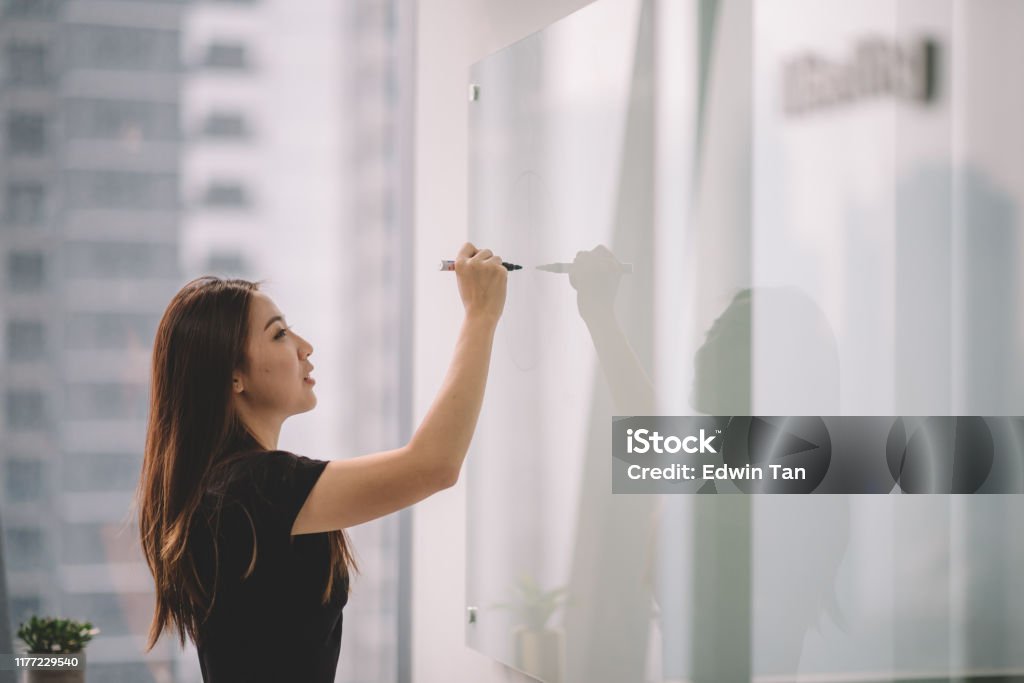 an asian chinese female writing on white board with her marker pen during conference meeting in office conference room Aspirations Stock Photo