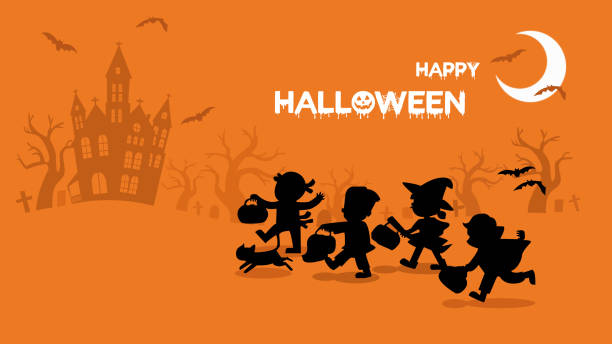 fröhliches halloween. kinder in halloween-fancy-kleid zu gehen trick oder behandlung. vorlage für werbebroschüre. - trick or treat stock-grafiken, -clipart, -cartoons und -symbole