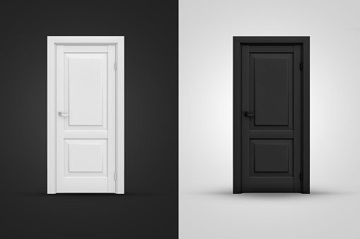 3d rendering of two contrast doors in white and black colors on background of opposite shade. Good or bad. Choose best option. Life directions.