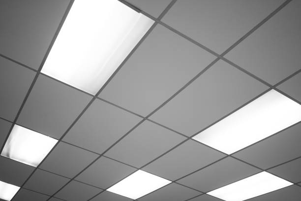 istock White ceiling with neon light bulbs in uprisen view.as background interior decoration concept with copy space for your text or design. 1177232840