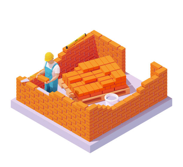 ilustrações de stock, clip art, desenhos animados e ícones de vector isometric bricklayer building brick wall - protective workwear bricklayer manual worker construction