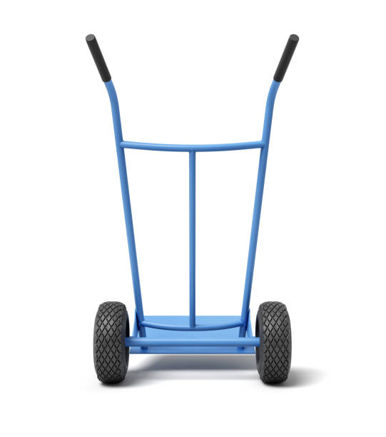 istock 3d rendering of a blue hand truck standing upright on a white background. 1177233553