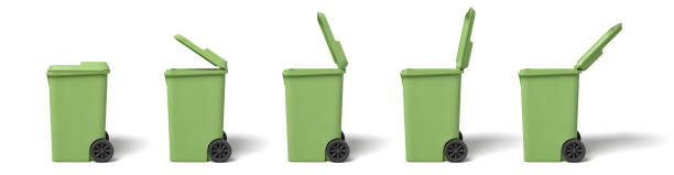 istock 3d rendering of several light-green dumpsters in a row on white background. 1177233800