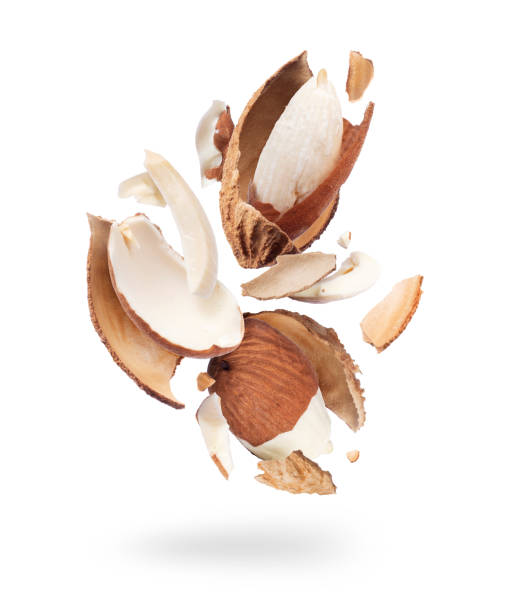 istock Crushed almonds in the air close-up, isolated on a white background 1177234626
