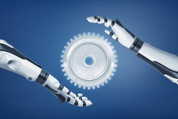 istock 3d rendering of robotic hands around gear wheel on blue background 1177237570