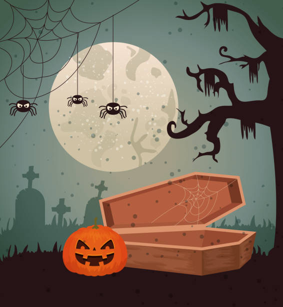 묘지 배경을 통해 할로윈 디자인 - halloween invitation vector coffin stock illustrations