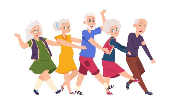 1906.m30.i010.n012.S.c12.628686794 Old people dancing. Diverse elderly cartoon characters dancing a conga line, happy funny persons. Vector active grandparents set Old people dancing. Diverse elderly cartoon characters dancing a conga line, happy funny persons. Vector illustration active grandparents isolated set on white background old people dancing stock illustrations