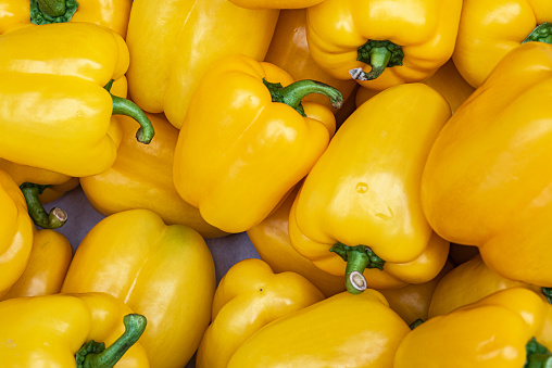 Overhead image of yellow bell peppers