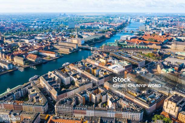 Copenhagen Denmark New Harbour Canal And Entertainment Famous Street Aerial Shoot View From The Top Stock Photo - Download Image Now