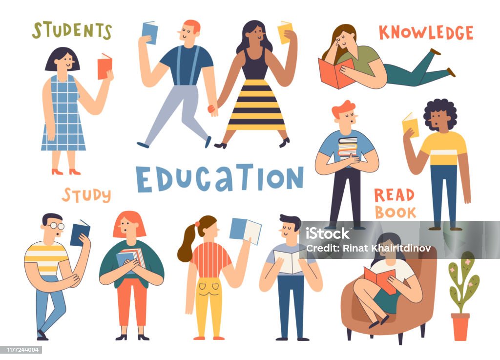 Group Of Cute Reading People Cartoon Hand Drawn Students Book Lovers  Readers Modern Literature Fans Funny Characters Studying Flat Vector  Illustration Stock Illustration - Download Image Now - iStock