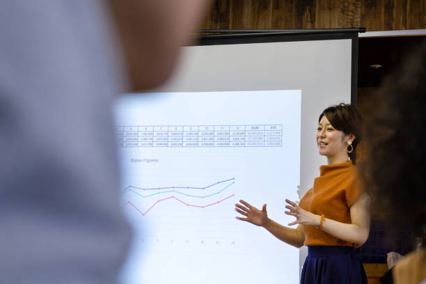 istock Asian businesswoman standing by projection screen, giving presentation 1177244618
