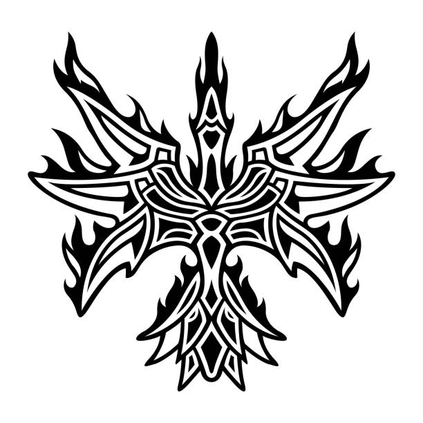 племенное тату-арт со стилизованным пылающим фениксом - phoenix fire tattoo bird stock illustrations