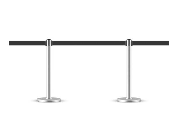 istock Retractable belt stanchion seamless illustration. Portable ribbon barrier. 1177244731