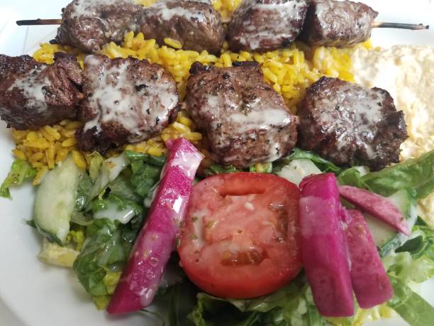istock beef on a stick with sauce and rice and tomato 1177245302