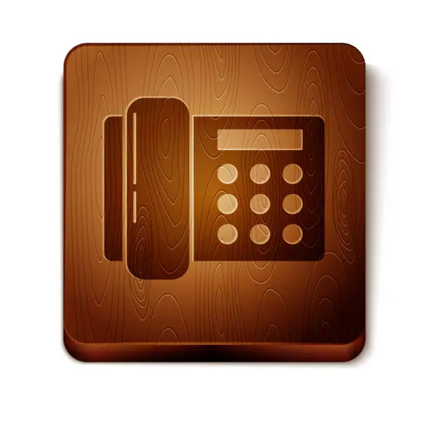 Vector illustration of Brown Telephone icon isolated on white background. Landline phone. Wooden square button. Vector Illustration