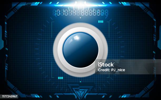 Blue Technology Button Realistic Circle Blue Button On Abstract Technology Background Stock ...