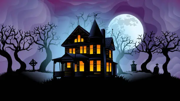 Vector illustration of Old haunted house surrounded by silhouettes of trees with the big white moon behind over purple sky with foggy background. Vector image