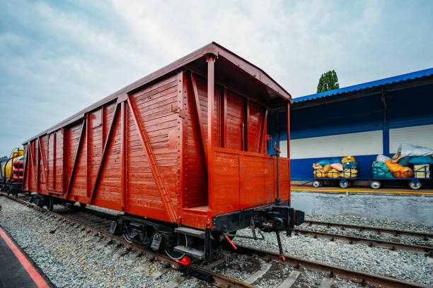 Old wooden freight carriage at the railway station.