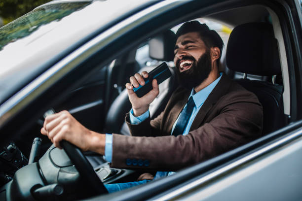 businessman in car - car equipment smiling working imagens e fotografias de stock