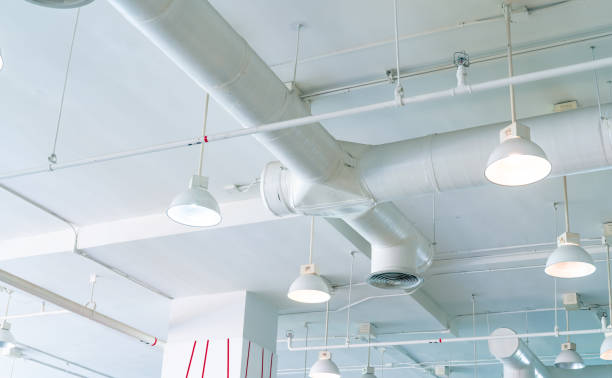 istock Air duct, automatic fire sprinkler safety system. Fire protection and detector. Fire sprinkler system. Building interior concept. Ceiling lamp light with opened light. Interior architecture concept. 1177252060