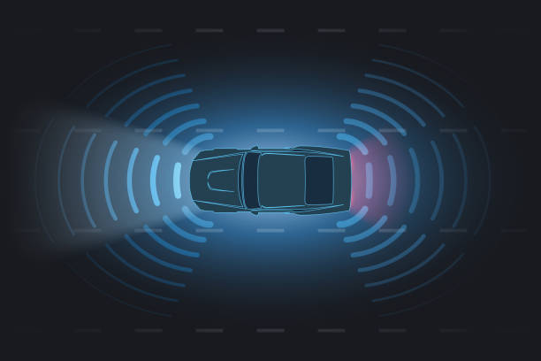 Smart car scan on the road Smart car scan on the road in vector autonomous vehicle stock illustrations
