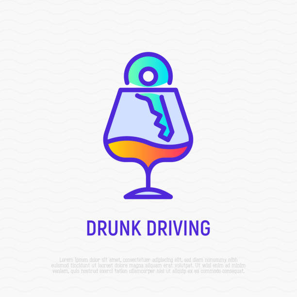 Drunk driving thin line icon: car key in wineglass with alcohol. Vector illustration. Drunk driving thin line icon: car key in wineglass with alcohol. Vector illustration. alcoholism alcohol addiction drunk stock illustrations