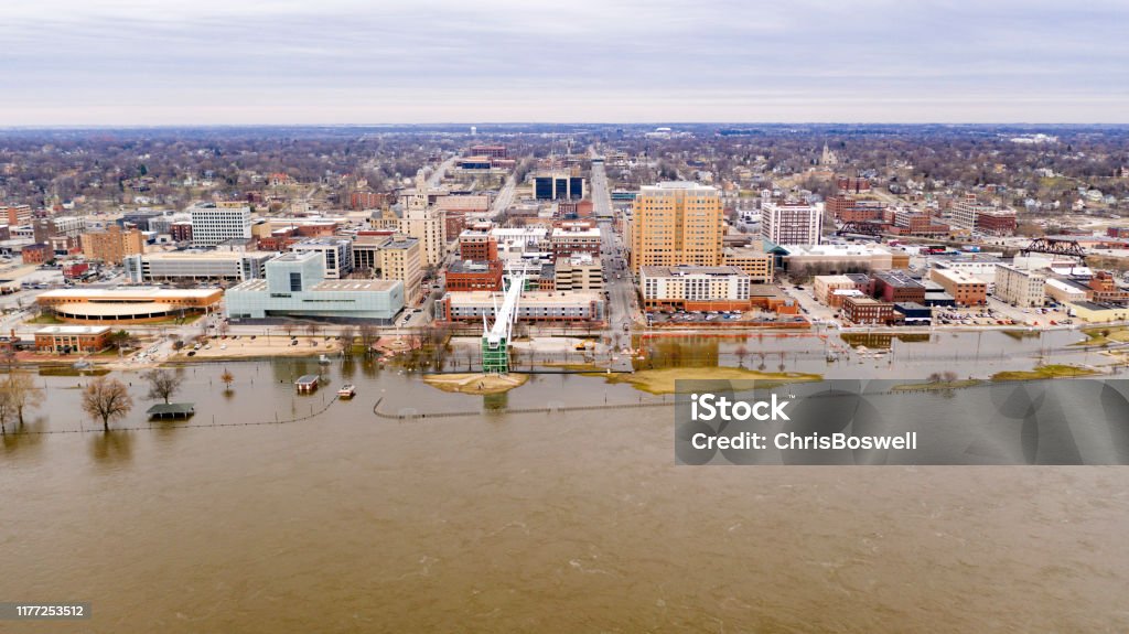 Aerial View Davenport Iowa Waterfront Mississippi River Flooding High Water floods the downtown riverfront area of Davenport Iowa in 2019 Flood Stock Photo