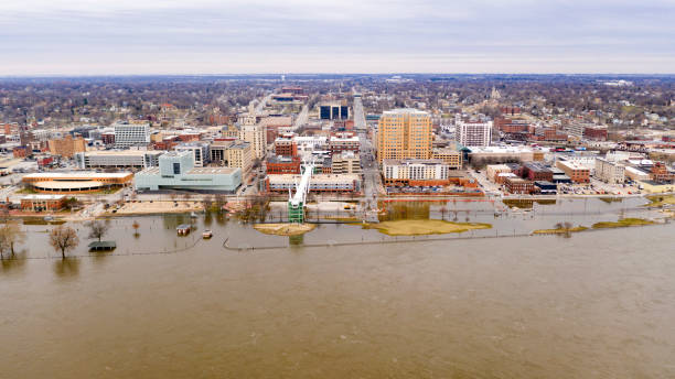 Aerial View Davenport Iowa Waterfront Mississippi River Flooding High Water floods the downtown riverfront area of Davenport Iowa in 2019 davenport iowa stock pictures, royalty-free photos & images