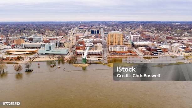 Aerial View Davenport Iowa Waterfront Mississippi River Flooding Stock Photo - Download Image Now