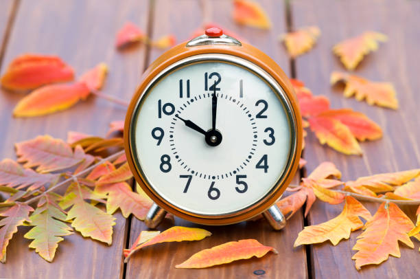 istock Daylight savings time - orange retro alarm clock with autumn leaves 1177253845