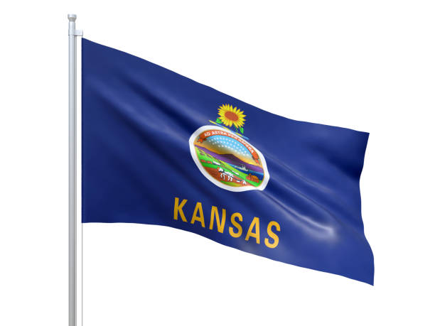 istock Kansas (U.S. state) flag waving on white background, close up, isolated. 3D render 1177253956