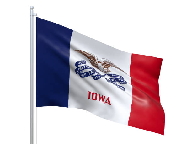 Iowa (U.S. state) flag waving on white background, close up, isolated. 3D render Iowa (U.S. state) flag waving on white background, close up, isolated. 3D render iowa flag stock pictures, royalty-free photos & images