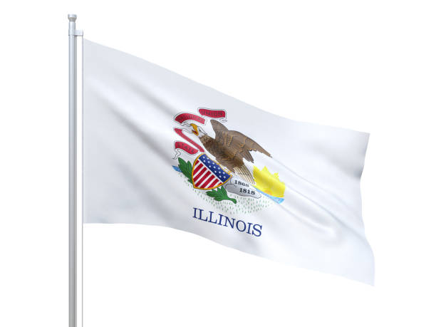 일리노이 (미국 주) 깃발흰색 배경에 흔들리고, 닫고, 고립. 3d 렌더링 - illinois flag 뉴스 사진 이미지