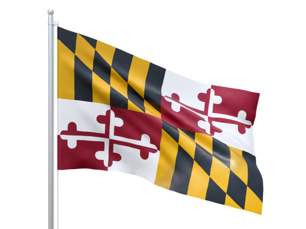 maryland (us-bundesstaat) flagge weht auf weißem hintergrund, aus nächster nähe, isoliert. 3d-rendern - maryland flag banner us state flag stock-fotos und bilder