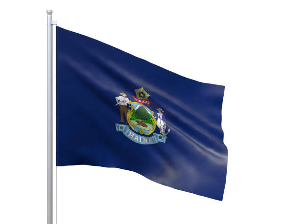 istock Maine (U.S. state) flag waving on white background, close up, isolated. 3D render 1177254064