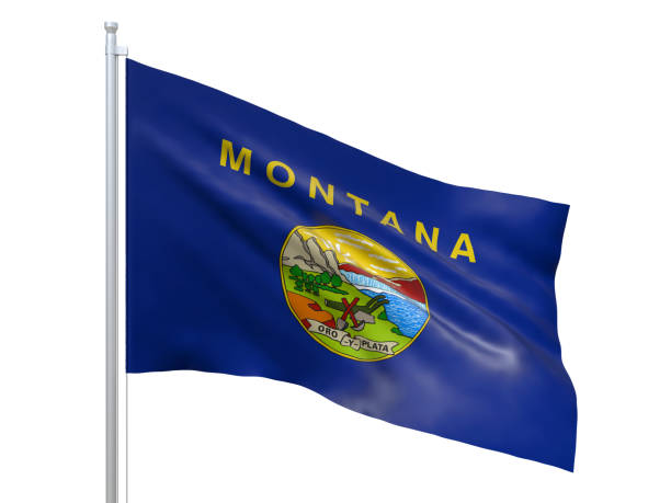 bandeira de montana (estado dos e.u.) que acena no fundo branco, fim acima, isolado. 3d rendem - montana flag us state flag banner - fotografias e filmes do acervo