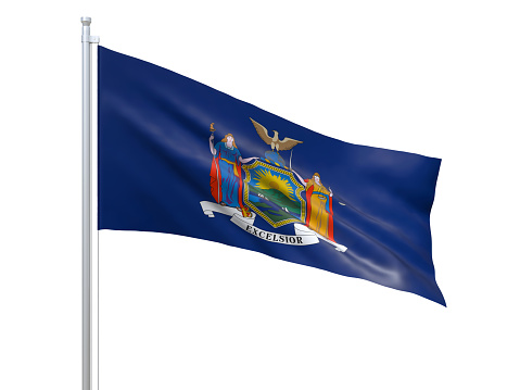 New York (U.S. state) flag waving on white background, close up, isolated. 3D render