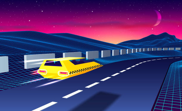 istock Arcade space taxi flying over the road in blue corridor or canyon landscape with 3D mountains, 80s style synthwave or retrowave scenic view 1177255156
