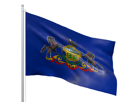 Pennsylvania (U.S. state) flag waving on white background, close up, isolated. 3D render