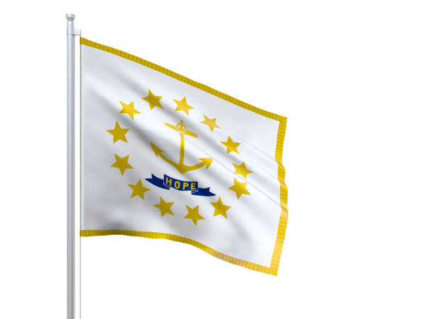 Rhode Island (U.S. state) flag waving on white background, close up, isolated. 3D render