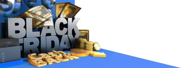 Black Friday concept blue corner background big letters with balls and 3d render image Black Friday concept blue corner background big letters with balls and 3d render image gold ira reviews stock pictures, royalty-free photos & images