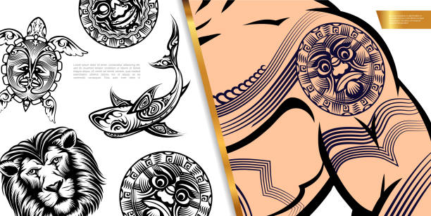 Vintage Tattoo Symbols Concept Vintage tattoo symbols concept with tattooed man body lion head polynesian demon turtle and shark tattoos vector illustration polynesian shoulder tattoo designs stock illustrations
