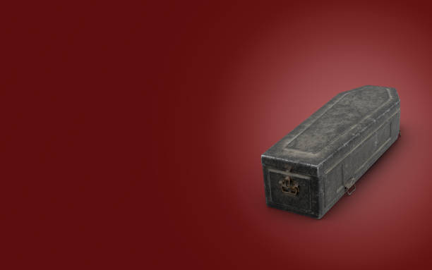 istock Spooky Cartoon 3D old coffin on Red Background with Copy Space 1177258324