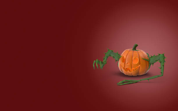istock Spooky Cartoon 3D Halloween Jack-o-Lantern Pumpkin on Red Background with Copy Space 1177258451