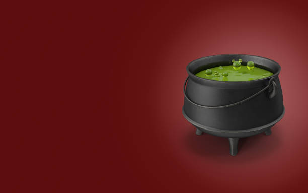 istock Spooky Cartoon 3D Witch Cauldron on Red Background with Copy Space 1177258490
