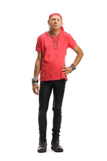 istock Man with a red scarf on his head and leather pants 1177261882