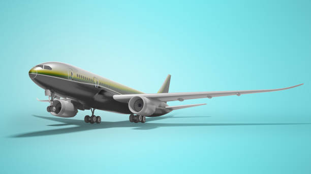 istock Gray turbocharged plane takes off left view 3d render on blue background with shadow 1177263581