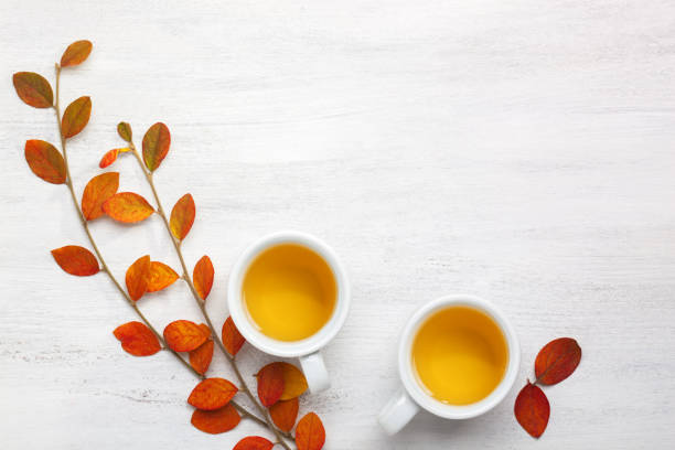 Two cups  of tea and colorful autumn leaves  on white rustic table with empty space for text or image. Flat lay.